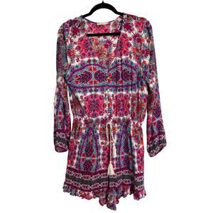 Altar’s State | Pink Boho Paisley Drawstring Waist Ruffle Trim Romper | Large